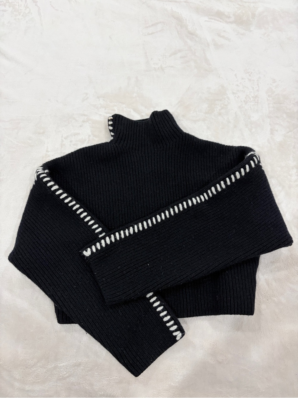 Dark Blue Wool Ribbed Sweater with Contrast Stitching